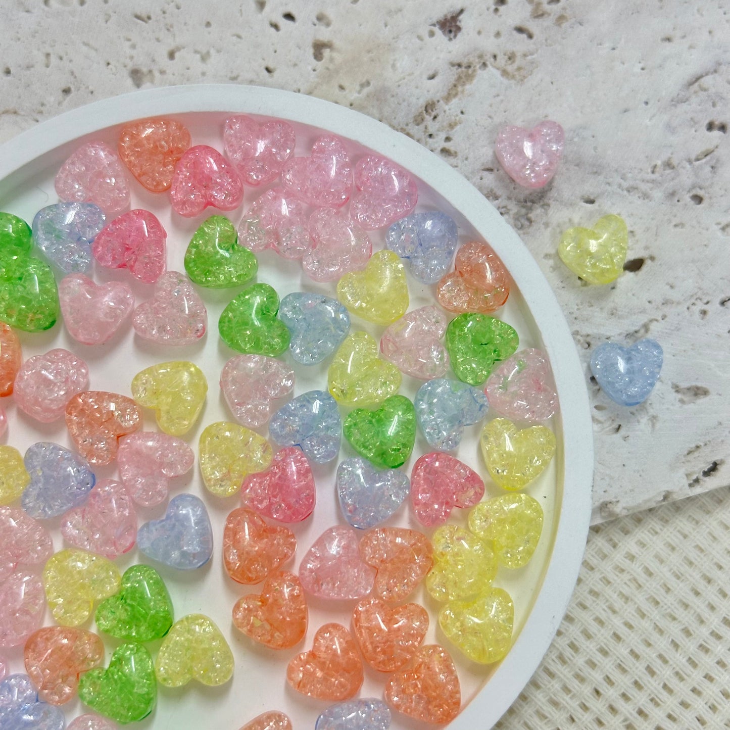 AB Beads: 10mm Transclucent Cracked Hearts (Assorted Colors)