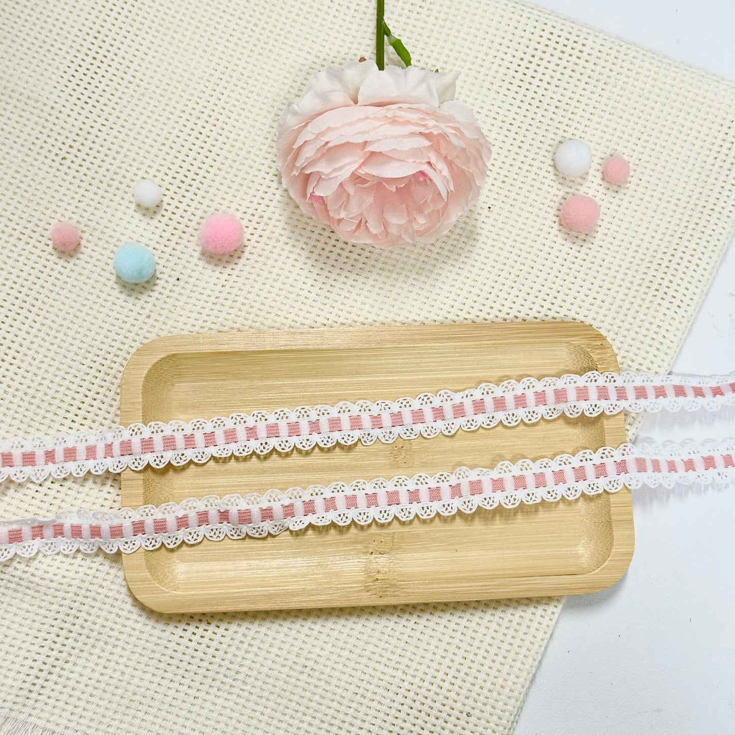 100cm Lace Ribbon: Blush Pink & White