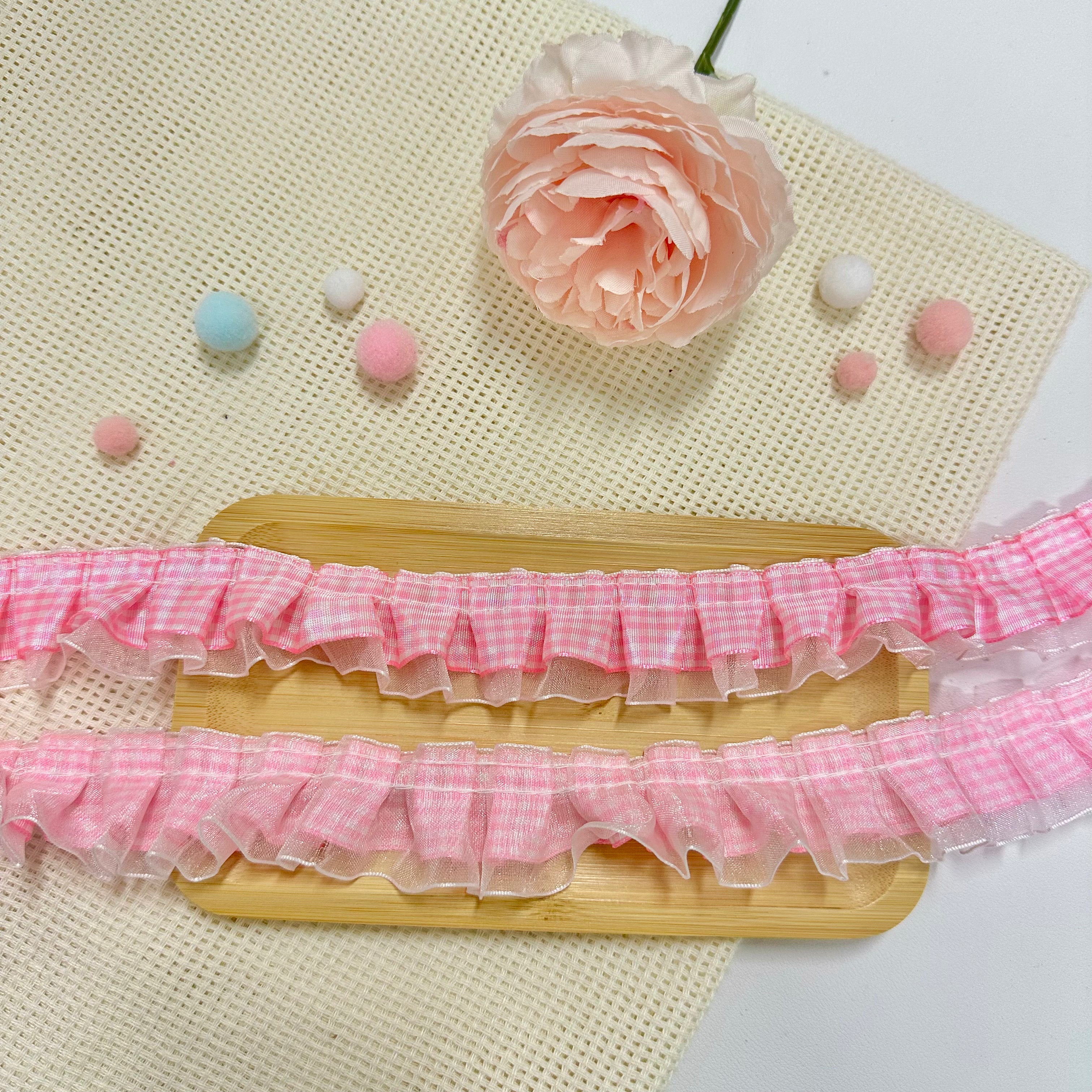 100cm Satin-Lace Checkered Ribbon: Pink-White – Memo's Art House