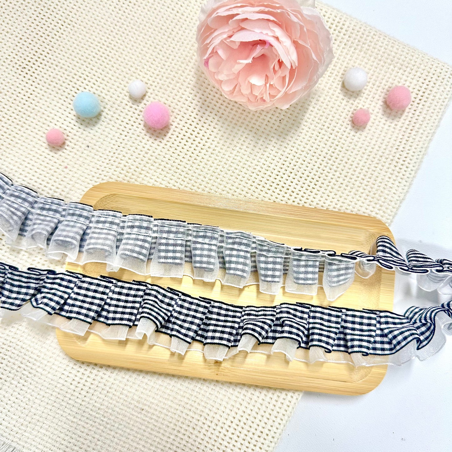 100cm Satin-Lace Checkered Ribbon: Black-White