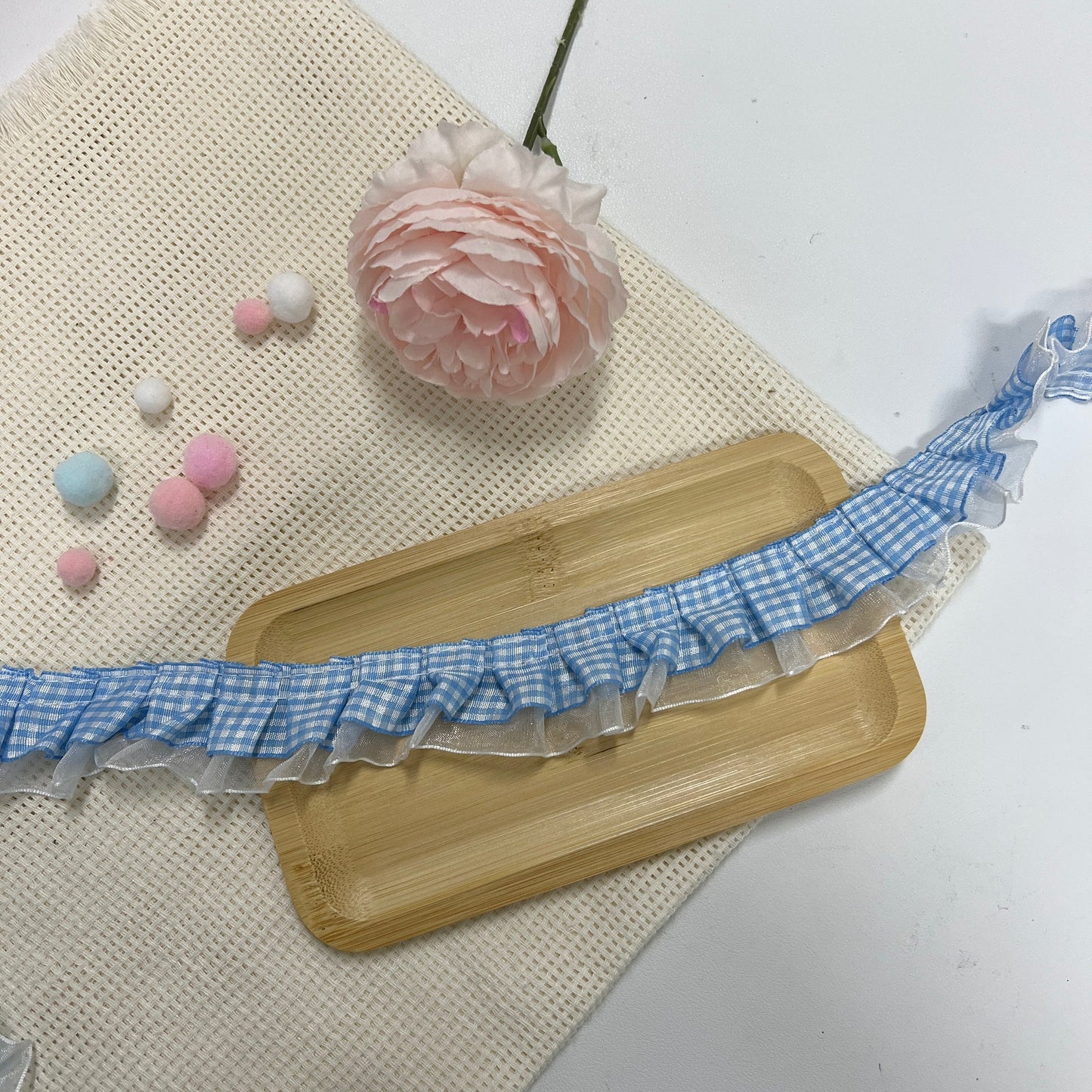 100cm Satin-Lace Checkered Ribbon: Blue-White